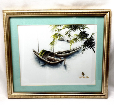 XQ Vietnam Silk Thread Art Hand Embroidered Picture Boats Sampans On Water 13x11