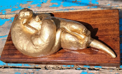 Vintage Resin otters on wood , "The river people " 1980/90? Elizabeth Holden