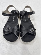 Sun-San Salt Water Black Leather Sandals Women s Size 4 Buckle Ankle Strap