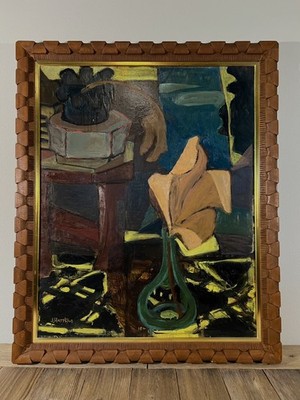 1954 Japanese Mid-Century Modern Expressionist Interior Still Life Oil Painting