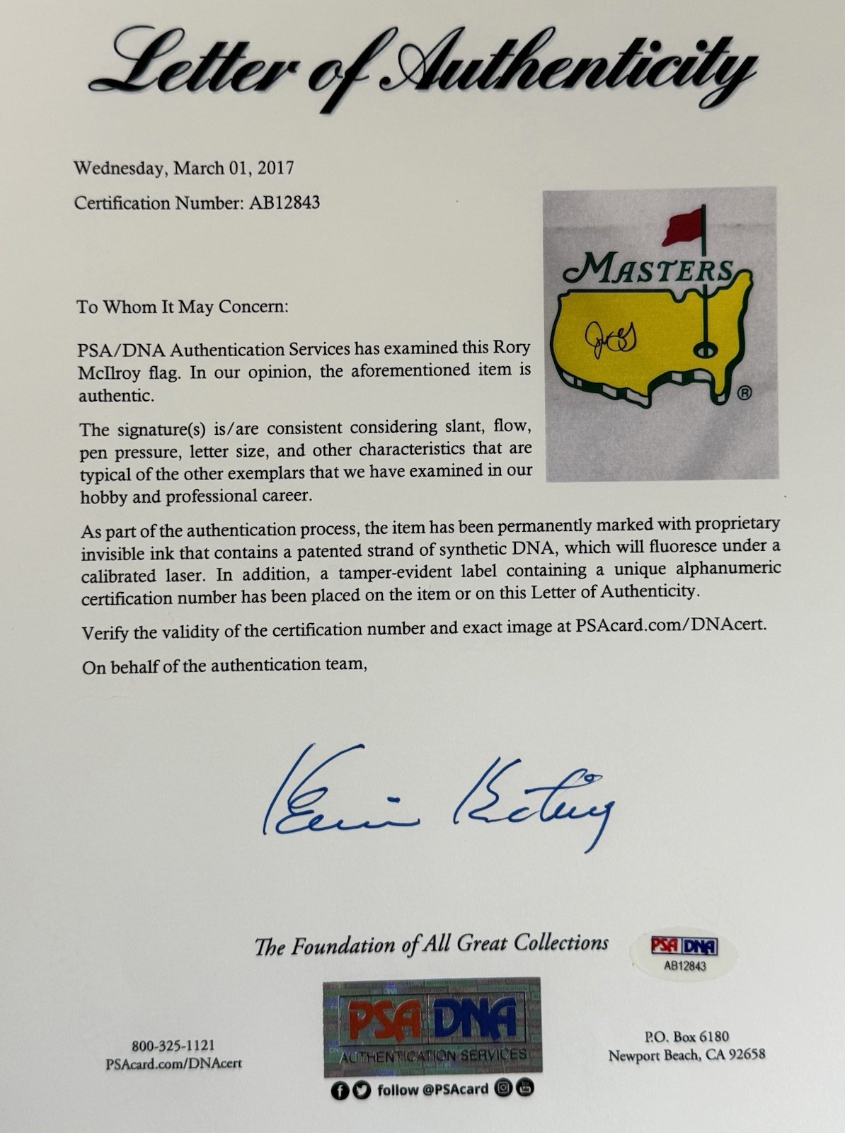 Rory Mcilroy signed Masters Flag 2025 2026 Masters golf champion psa dna loa view 5