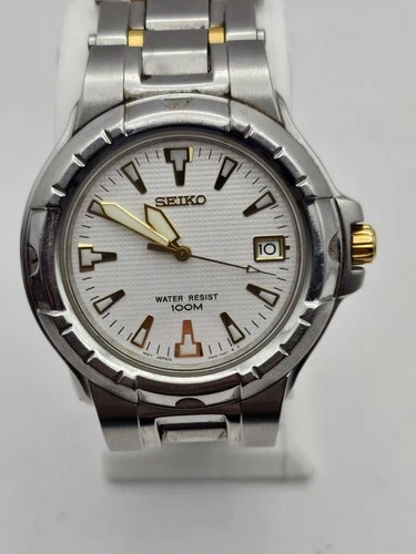 Mens Seiko Two Tone 7N42-7189 Wrist Watch Date 100m Japan Silver Waffle Dial