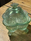 Rare Fenton 95th Anniv. Willow Green Iridescent Candy Box Rose Pattern Dish