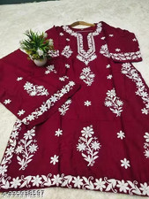 Plus Size Rayon Chikankari Kurti Palazzo Set Women's Indian Ethnic Outfit M-8 XL