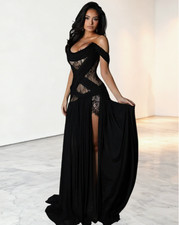 Womens Sexy Off Shoulder Lace Maxi Dress High Slit Evening Party Formal Gown