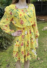 Eliza J USA 6 Chiffon Dress Floral Yellow Ruffle Tiered