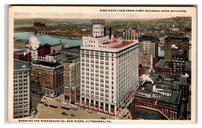Pittsburgh PA Bird's Eye View Rosenbaum Store First National Bank Postcard