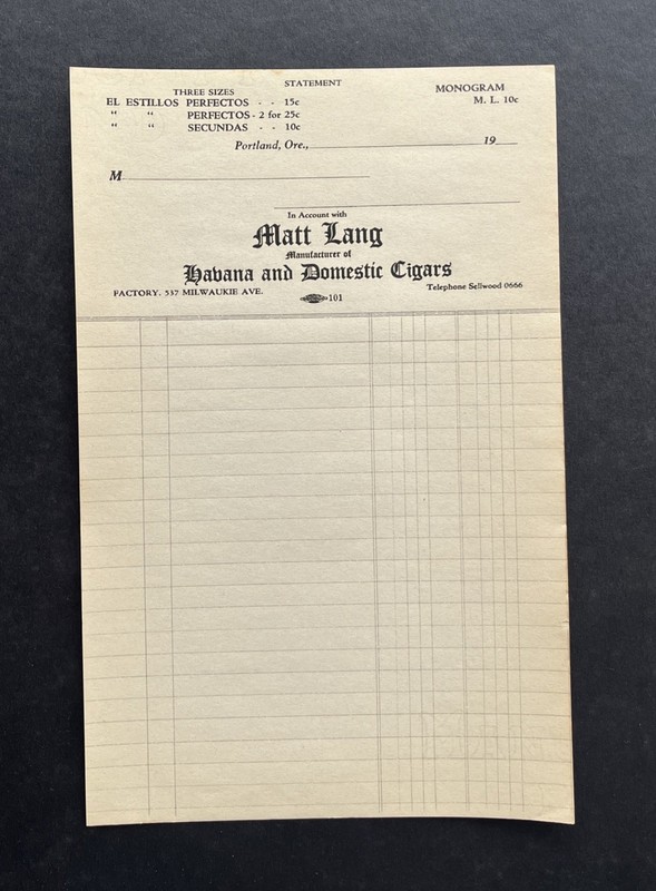 1910s Cigar / Tobacco store invoice receipt * Gorgeous condition * Portland OR.