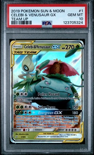 2019 POKEMON SUN & MOON TEAM UP #1 CELEBI & VENUSAUR GX PSA 10