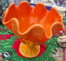 Vintage L.E. Smith Bittersweet Mid Century Modern Slag Glass Compote Dish