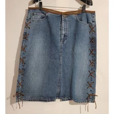 Vtg Venezia Jeans Denim Lace Up Suede Side Tie Jean Skirt Size 14 Boho 90s Y2K