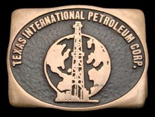 RB24139 NICE 1980s TEXAS INTERNATIONAL PETROLEUM SOLID BRASS OILFIELD BUCKLE