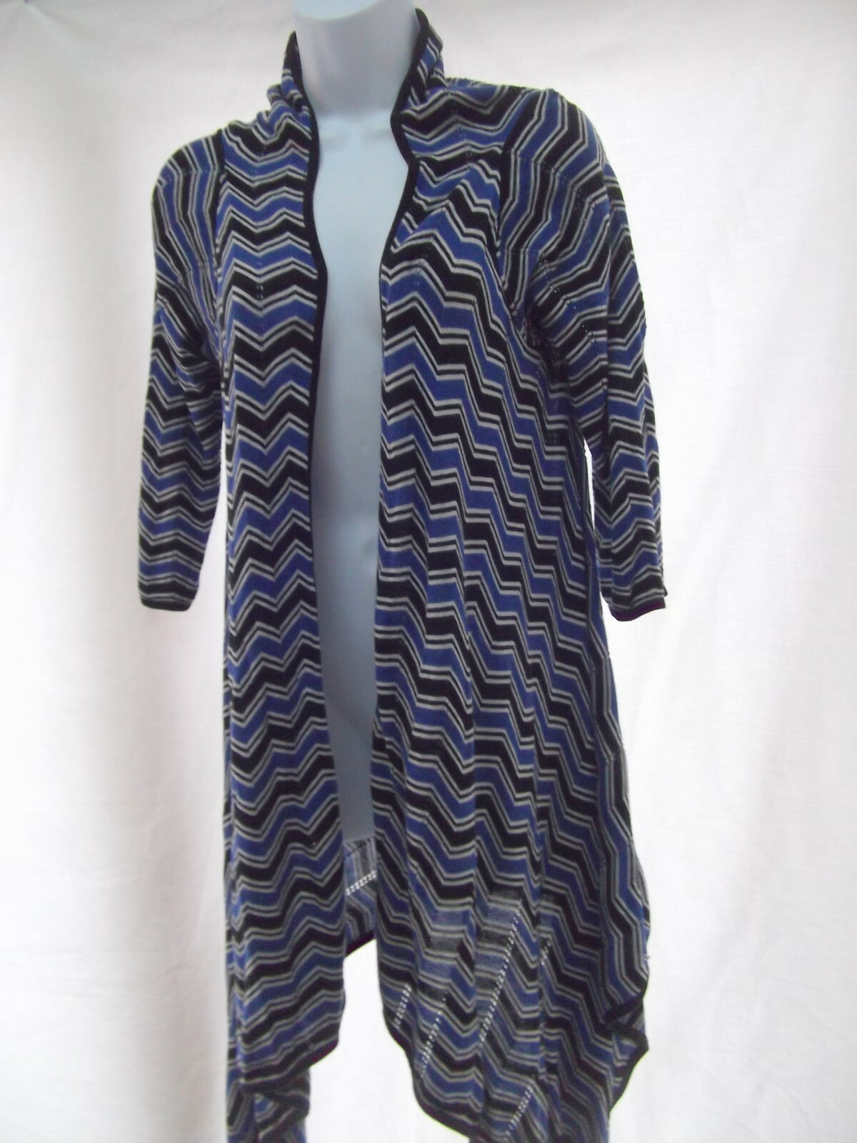 Cardigan sweater S open swing tunic wrap blue blk chevron stripe hi lo high MINT-image