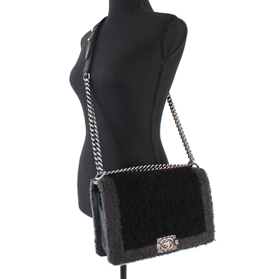Chanel Large Boy Two Tone Black Grey Flap Top Wool Sherpa Shoulder