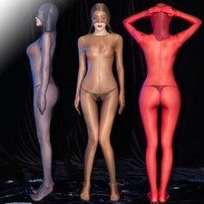 Women Sheer Shiny Glossy Bodysuit Jumpsuit Full Bodystocking Crotchless W Gloves