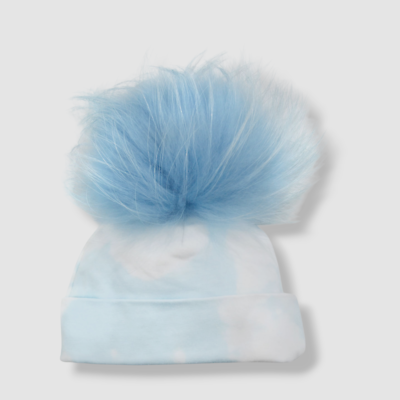 $33 Bari Lynn Baby Girls Blue Tie-Dye Fox Fur Pompom Beanie Hat