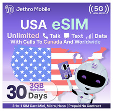 Prepaid eSIM Card 1 Month 3GB Data Talk Text Digital SIM Card Jethro Mobile