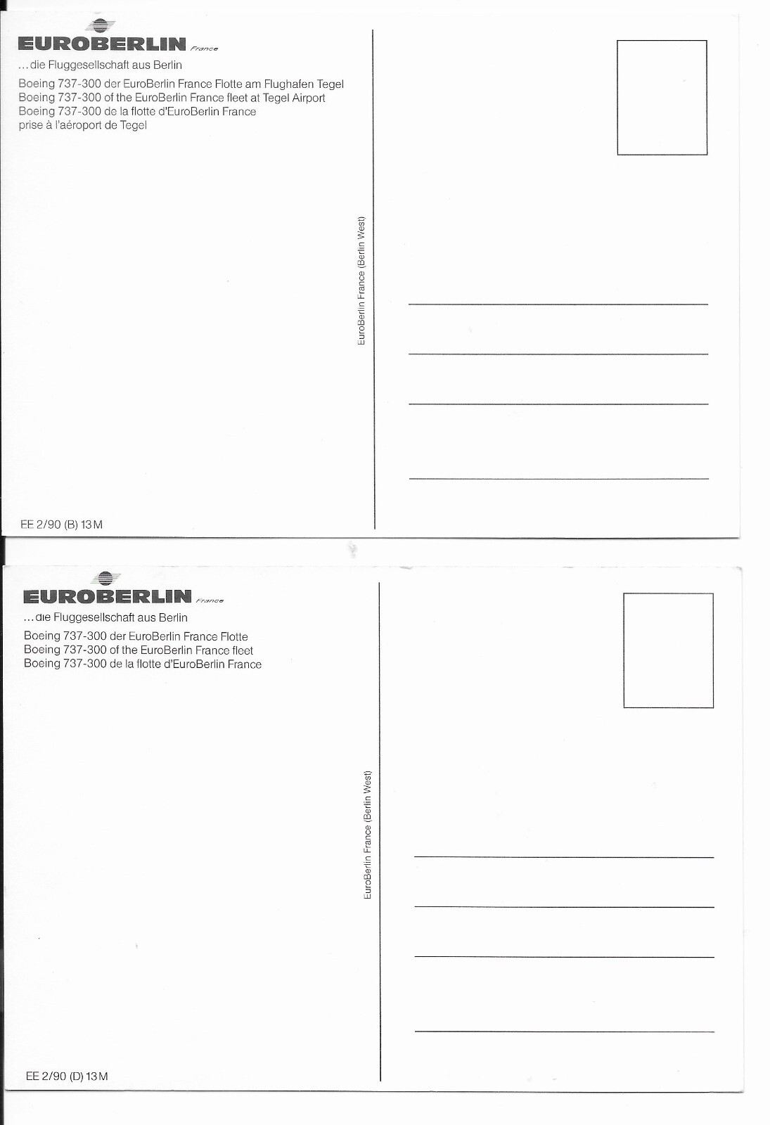 EUROBERLIN Airlines 2 Boeing 737300 Airline issued Postcards, SUNSET