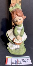 Napcoware Girl Green Dress Flower Basket Ceramic Figurine Vintage