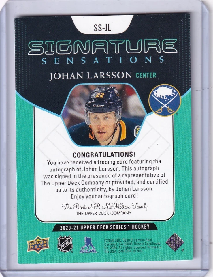 2020-21 Upper Deck Series 1 Johan Larsson Signature Sensations Autograph - Image 2 of 2
