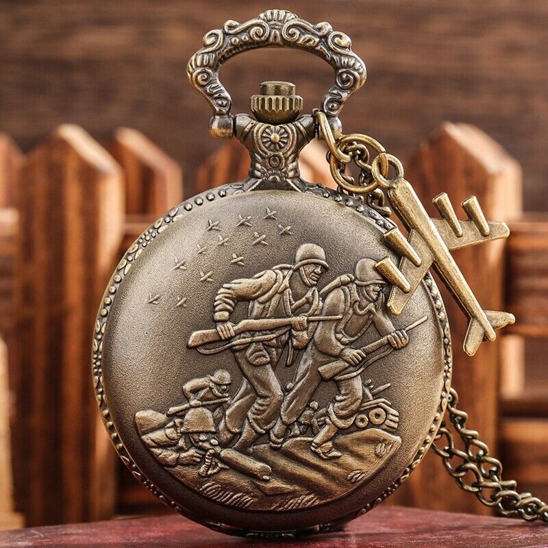 Antique Military Design Men's Quartz Pocket Watch Pendant with Airplane Necklace Chain