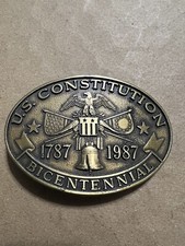 US CONSTITUTION BICENTENNIAL BELT BUCKLE WITH EAGLE FLAGS  LIBERTY BELL VTG. 87