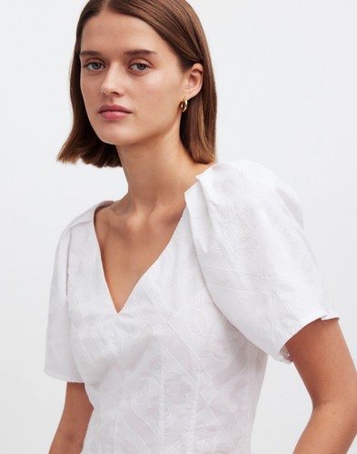 Madewell Top Scollo a V Freccette Occhiello Floreale Bianco 2 Maniche Corte NP007 Zip Laterale Nuovo con etichette
