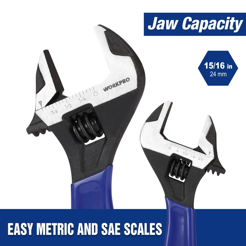 WORKPRO 6" Metric&SAE Wrench Cushion Grip Adjustable Wide Jaw Black Oxide Wrench - Image 3 of 4