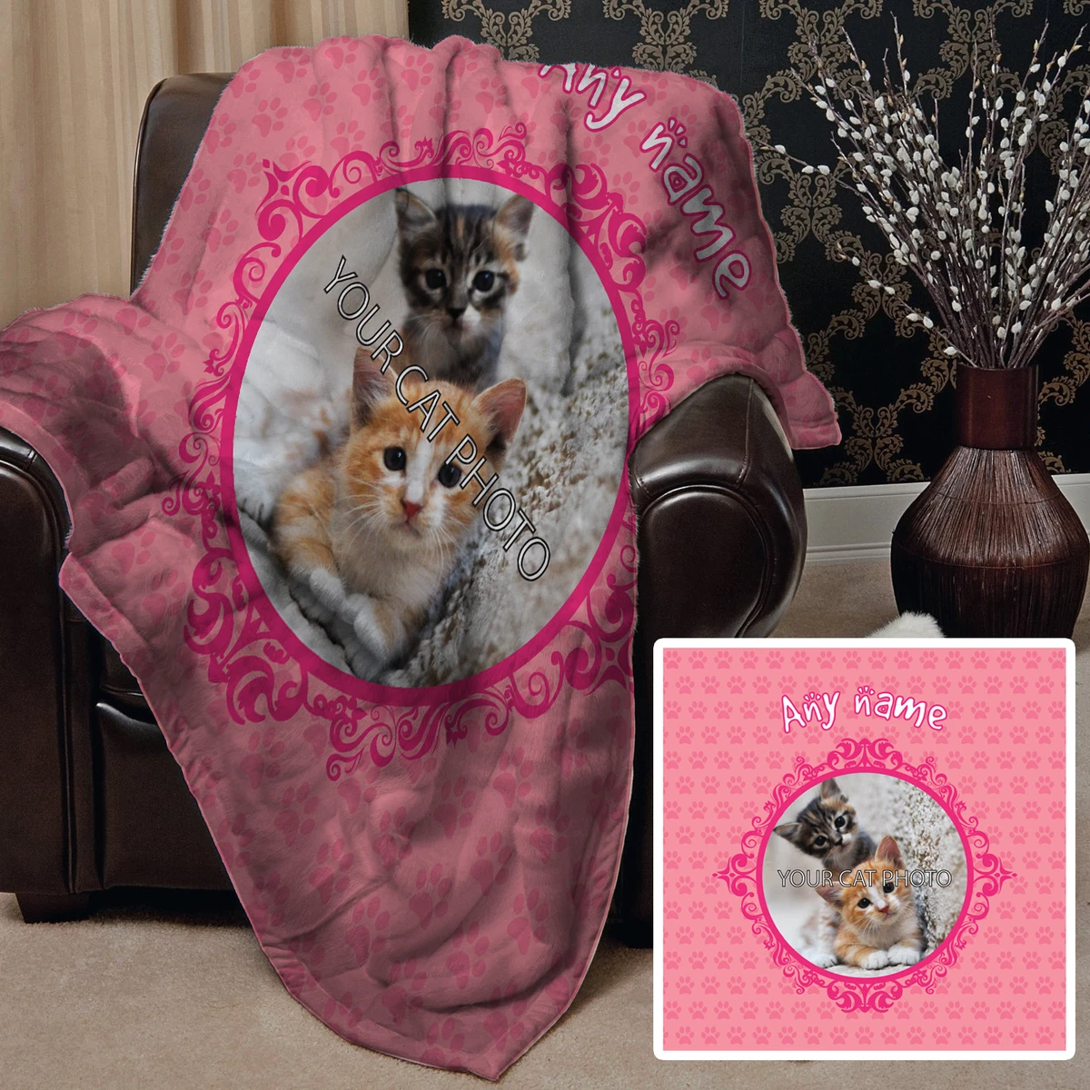 Personalised Pink Cat Photo Design Soft Pet Fleece Throw Blanket