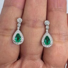 Pear Cut Simulated Green Emerald Drop/Dangle Earrings In 14k White Gold Plated