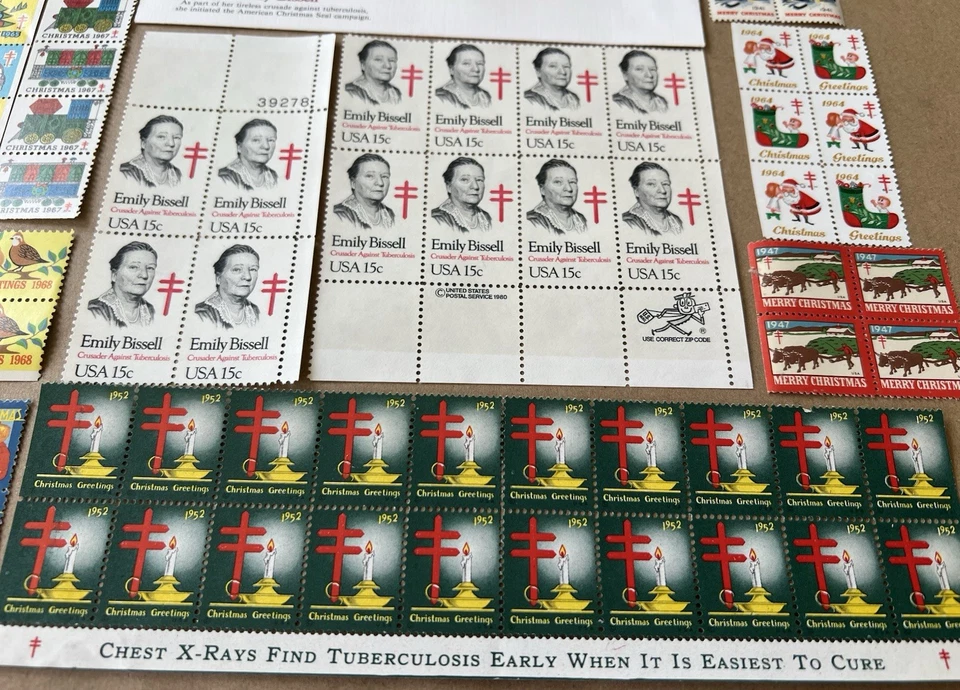 1980 Emily Bissell FDC & Stamp Blocks + Vintage Christmas Seals 1941–72 Lot - Image 2 of 4