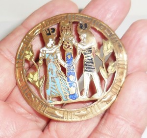 VINTAGE ART NOUVEAU BRASS FIGURINE  EGYPTIAN ENAMEL DESIGN