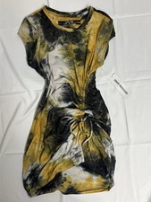 Urban Outfitters Yellow Black White Tie Dye Ruched Mini Dress Crew Neck M
