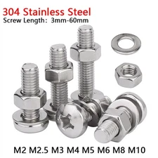 M2-M10 304 Stainless Steel Pozi Pan Head Machine Screws Hex Full Nuts & Washers