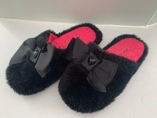 Betsey Johnson Sz 8 Black Faux Fur Bow Button Slippers wide Toe Box