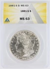 1881-S Morgan Silver Dollar ANACS MS63 S$1 San Francisco Minted No Reserve