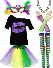 6 Pcs Mardi Gras Outfit for Women Mardi Gras Costume Purple Sequin T-Shirt Skirt