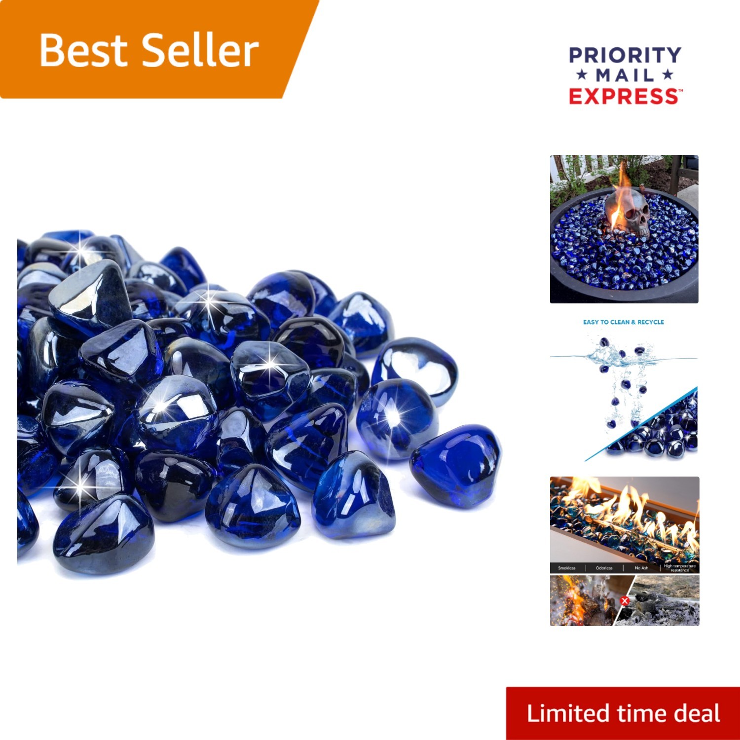 Gorgeous Cobalt Blue Reflective Fire Glass Rocks, 20 lbs - 1 Inch for Fire Pits