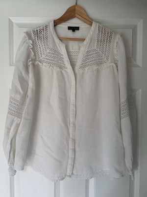 Phase eight Franki linen blouse long sleeved v neck frills cutout work size 14