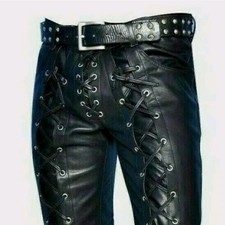 Men's Black Genuine Leather Pants Real Leather Lace Up Pants Trousers for Men
