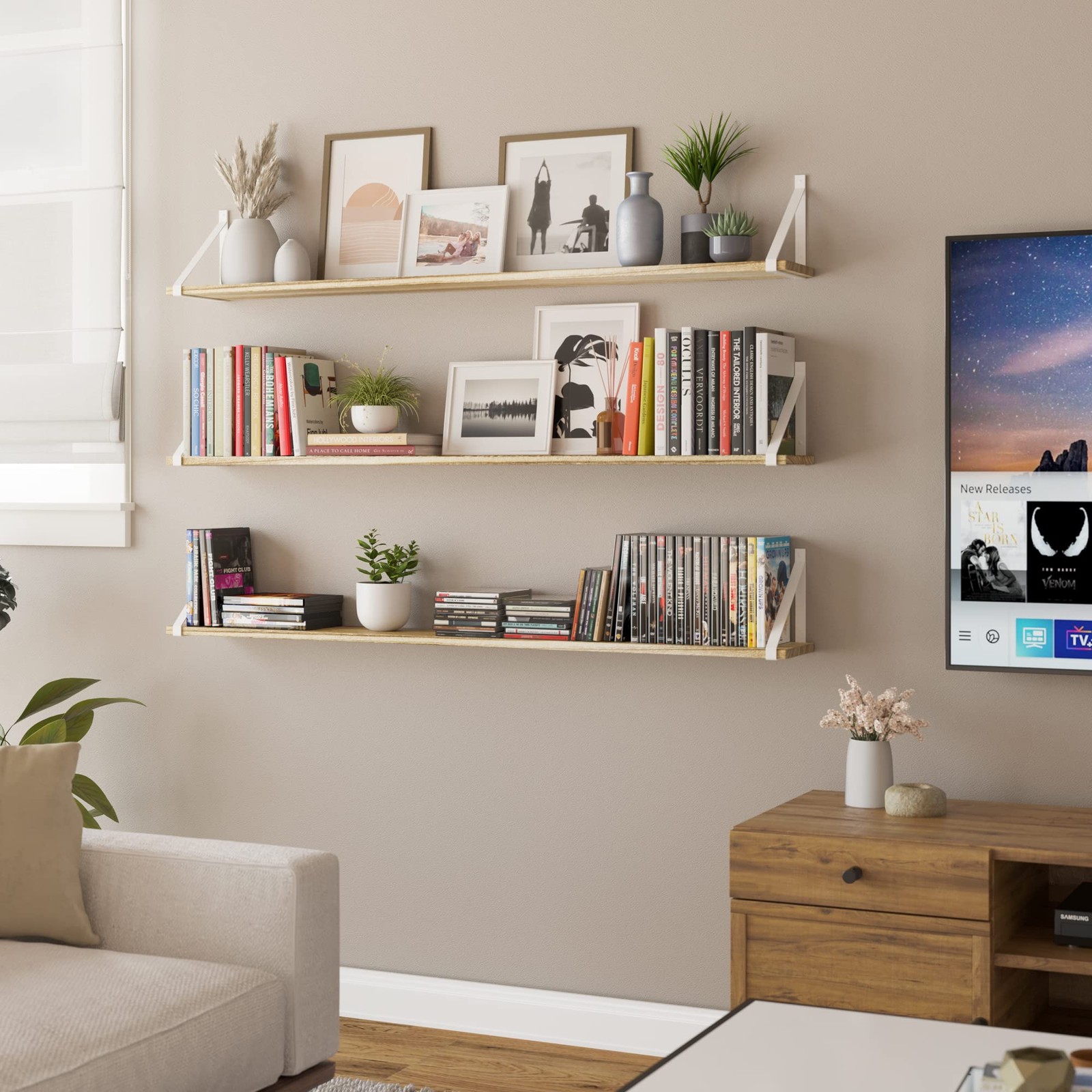 Bora Long Floating Shelves, 48" x 6" Wall Bookshelf Living Room Decor, Rustic...