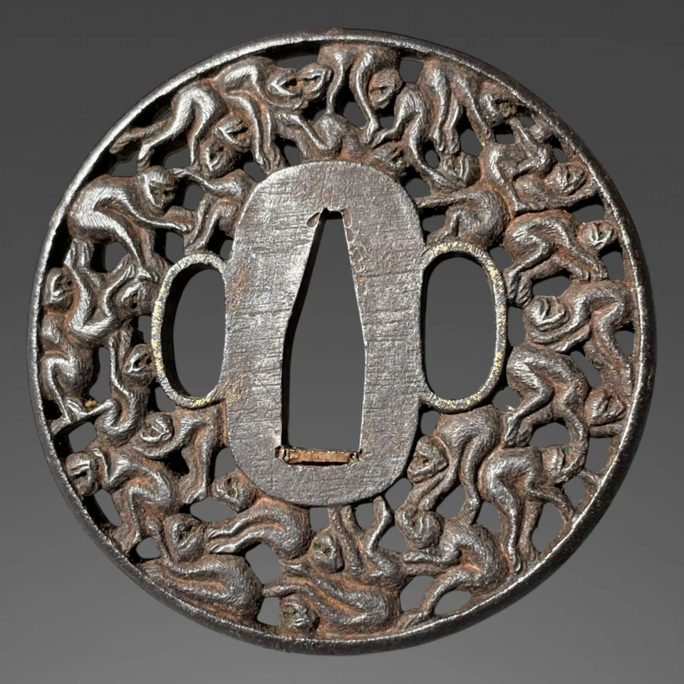 千匹猿 Senbikizaru, 南蛮鍔 Nanban Tsuba, espalda de hierro, período Edo Foto 3 de 4