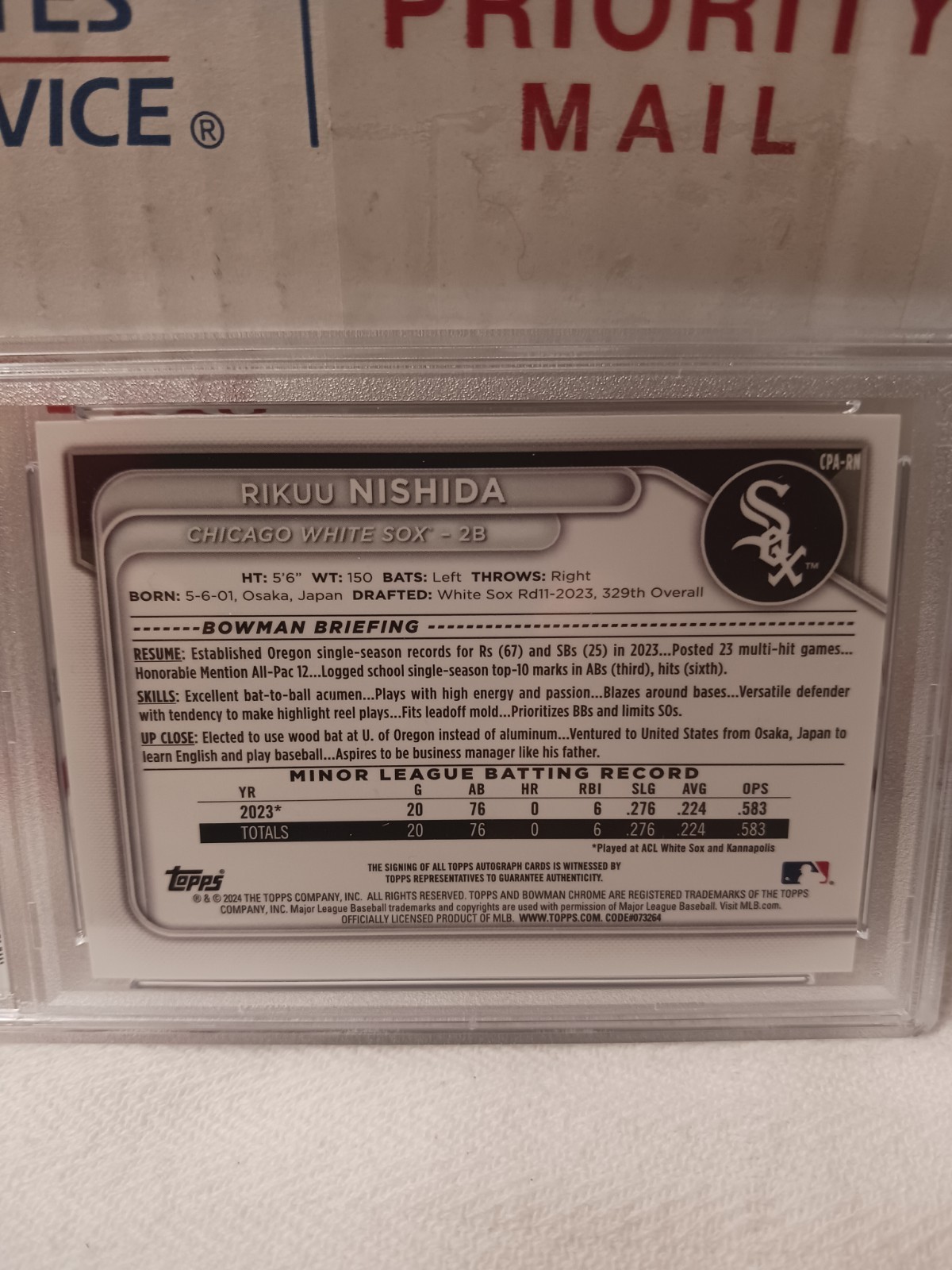 2024 Bowman Chrome Prospect Autographs Rikuu Nishida #CPA-RN (AU, RC) PSA 10 view 5