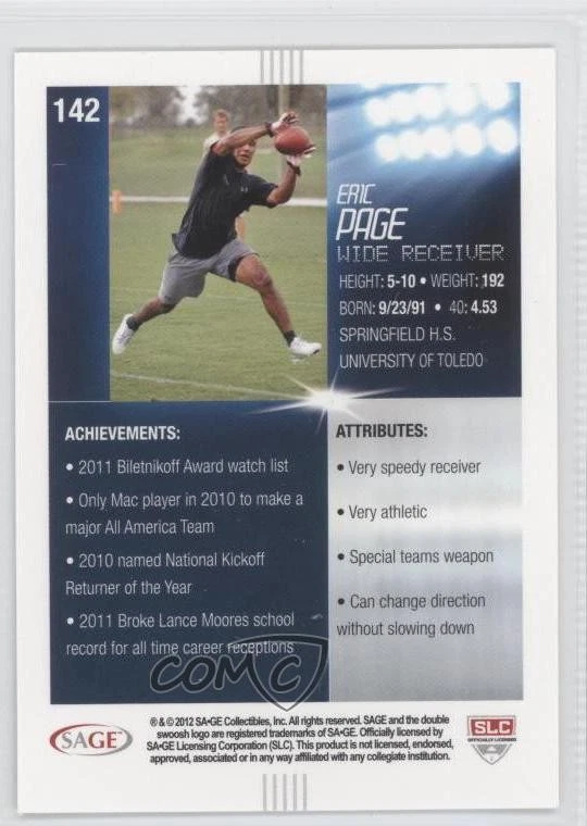 2012 SAGE Hit Gold Eric Page #142 Rookie RC - Image 2 of 2