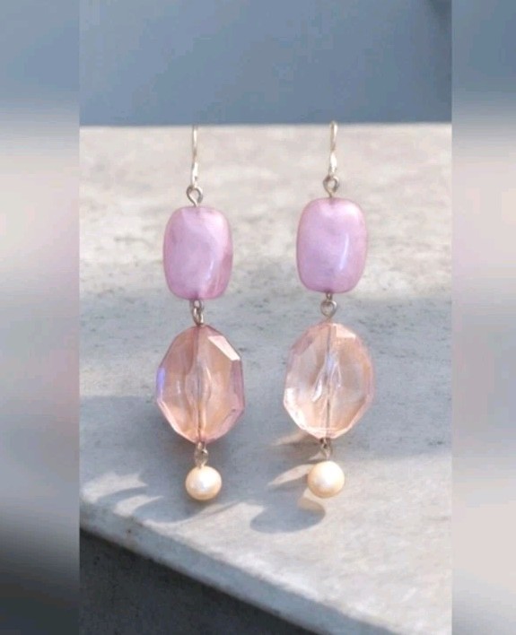 .925 Sterling Silver Vintage 3" Pink Bead And Pearl Drop Dangle Earrings 