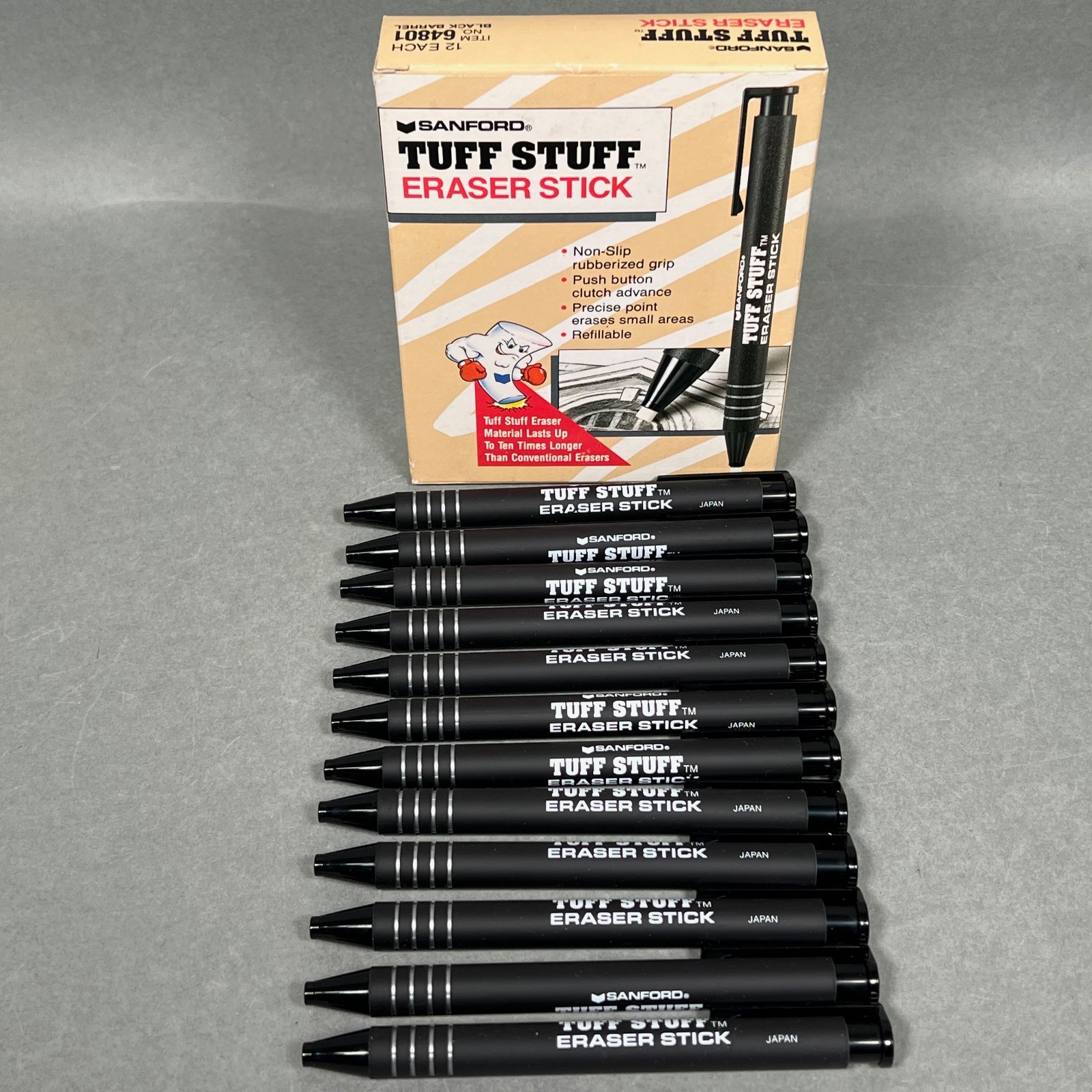 NEW 12-Pack Sanford TUFF STUFF Mechanical Eraser JAPAN Stick Black Barrel NOS