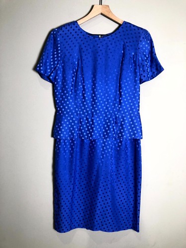 VTG Maggy London Womens Royal Blue Silk Short Sleeve Polka Dot Midi Dress Size 6