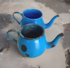 Antique Pair of Blue Toy Enamelware Teapots, No Lids 2-1/4" Tall