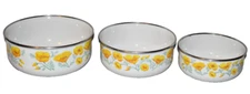3 Vintage Kobe Kitchen Enamel Nesting Serving Mixing Bowls Yellow Poppy Flowers