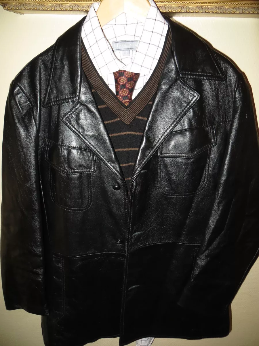 Reed Mens Black Leather Fight Club 70's Mod Blazer Jacket Car Coat 38 Reg  Hot